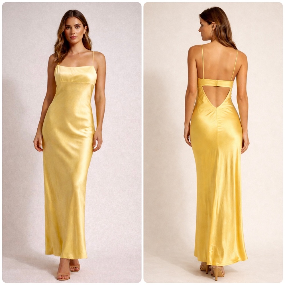 New! Amanda Uprichard Yellow Silk Satin Slip Maxi Dress Open Back Formal Gown💛 S